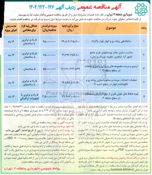 مناقصه ساماندهی پیاده رو و انهار ...