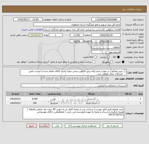 استعلام خرید مصالح / در صورت عدم ارائه پیش فاکتور رسمی جهت کنترل کالای اعلام شده از لیست تامین کنندگان حذف خواهید شد.
کادر توضیحات حتما چک شود