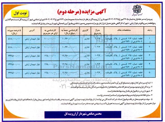 مزایده واگذاری شش قطعه زمین با کاربری تجاری - مرحله دوم - نوبت اول 