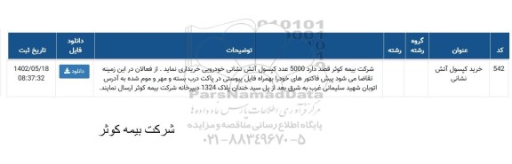  مناقصه خرید کپسول آتش نشانی 