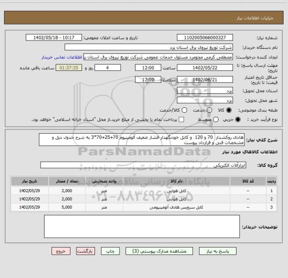 استعلام هادی روکشدار  70 و 120  و کابل خودنگهدار فشار ضعیف آلومینیوم 70+25+70*3 به شرح جدول ذیل و مشخصات فنی و قرارداد پیوست