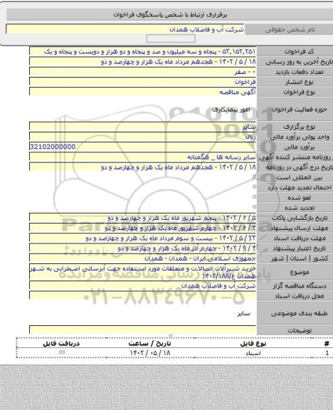 مناقصه, خرید شیرآلات اتصالات و متعلقات مورد استفاده جهت آبرسانی اضطرابی به شهر همدان ع/۱۴۰۲/۱۸۸