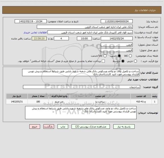 استعلام ساخت و تکمیل بنای دو واحد مسکونی بانک ملی شعبه شهید بابایی طبق شرایط استعلام و پیش نویس قرارداد پیوستی مورد تایید کارشناسان بانک