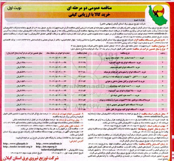 مناقصه خرید 20.000 عدد استارتر 250 - 50 وات بخار سدیم و ...