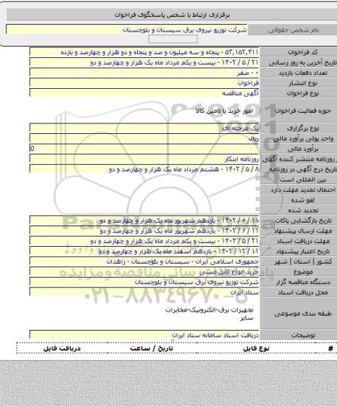 مناقصه, خرید انواع کابل مسی