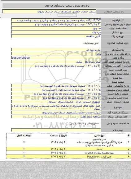 مناقصه, حمل نهاده های کشاورزی از انبارهای سازمانی شرکت در سبزوار به داخل و خارج از استان