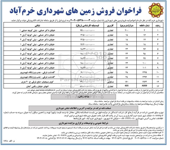 مزایده فروش زمین با کاربری تجاری به متراژ 200 و 18 و 24 و 28 و 160 و 405 