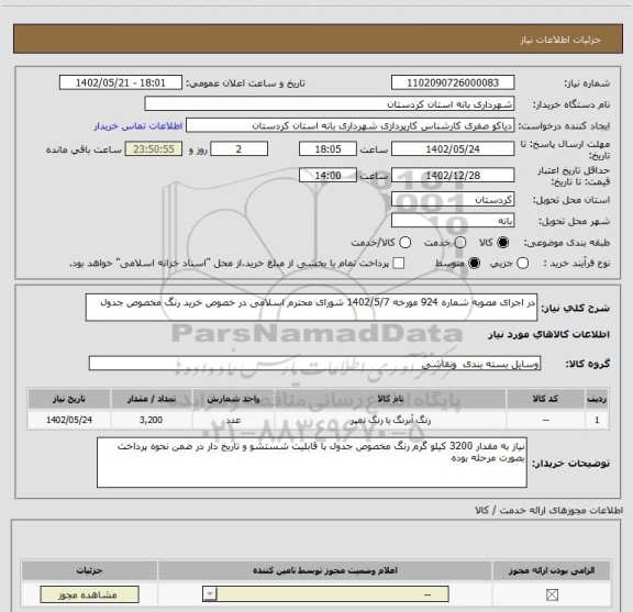 استعلام در اجرای مصوبه شماره 924 مورخه 1402/5/7 شورای محترم اسلامی در خصوص خرید رنگ مخصوص جدول