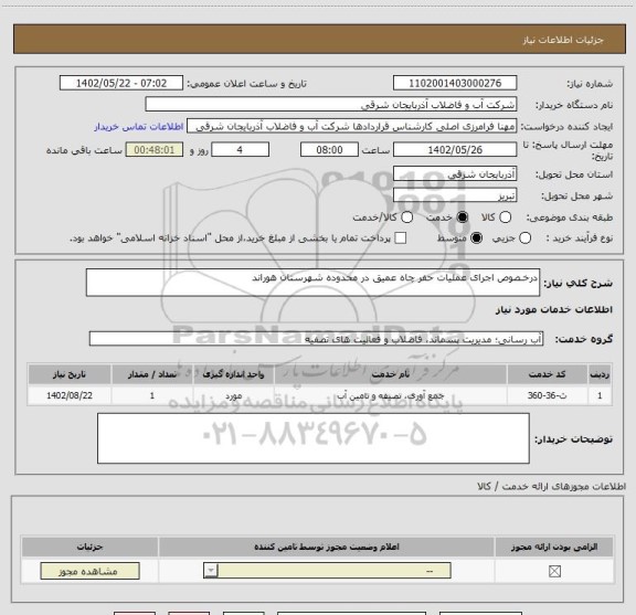 استعلام درخـصوص اجرای عملیات حفر چاه عمیق در محدوده شهرستان هوراند