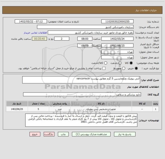 استعلام آنتی بیوتیک ونکومایسین 5 گرم مطابق پیوست vancomycin