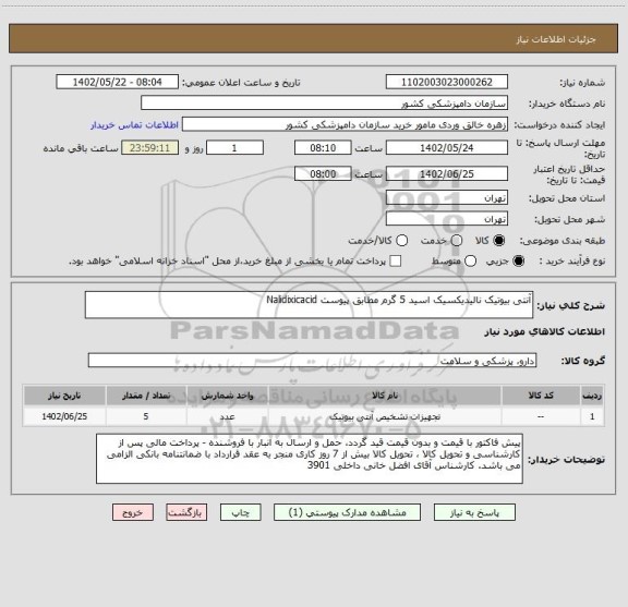 استعلام آنتی بیوتیک نالیدیکسیک اسید 5 گرم مطابق پیوست Nalidixicacid