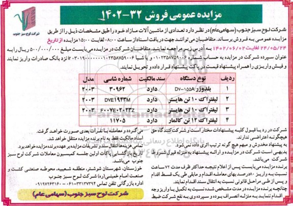 مزایده عمومی  تعدادی از ماشین آلات مازاد 