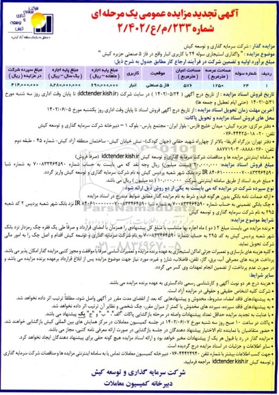 تجدید مزایده عمومی واگذاری استیجاری سوله 24 با کاربری انبار 