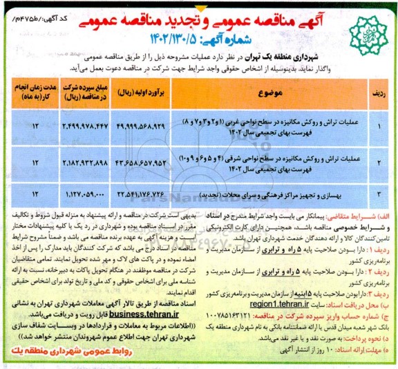 مناقصه عملیات تراش و روکش مکانیزه در سطح نواحی غربی ....