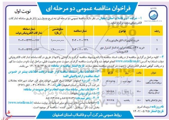 مناقصه خرید تجهیزات اتاق مانیتورینگ و...