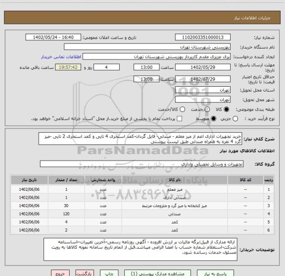 استعلام خرید تجهیزات اداری اعم از میز معلم - صندلی- فایل گردان-کمد استخری 4 تایی و کمد استخری 2 تایی -میز گرد 4 نفره به همراه صندلی طبق لیست پیوستی