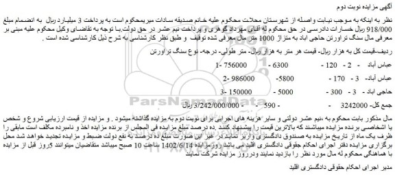 مزایده فروش سنگ تراورتن حاجی اباد به متزاژ 1000 متر  