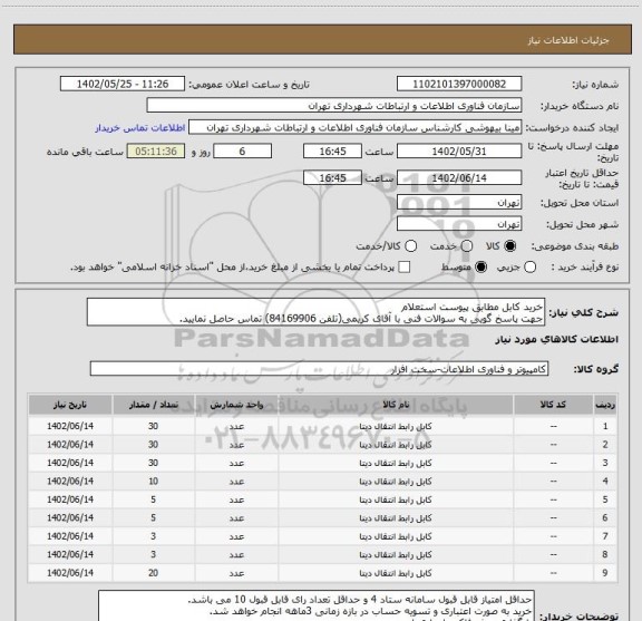 استعلام خرید کابل مطابق پیوست استعلام
جهت پاسخ گویی به سوالات فنی با آقای کریمی(تلفن 84169906) تماس حاصل نمایید.