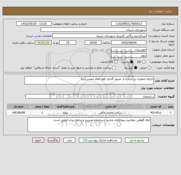 استعلام اجرای عملیات زیر سازی و  جدول گذاری کوی امام خمینی(ره)