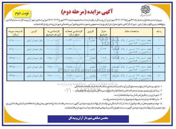 مزایده واگذاری شش قطعه زمین با کاربری تجاری - مرحله دوم - نوبت دوم