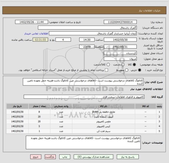 استعلام کاتالوگ کالاهای درخواستی پیوست است -کالاهای درخواستی عین کاتالوگ باشد-هزینه حمل بعهده تامین کننده