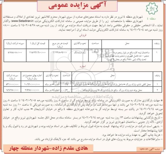 مزایده تعدادی از املاک و مستغلات ...