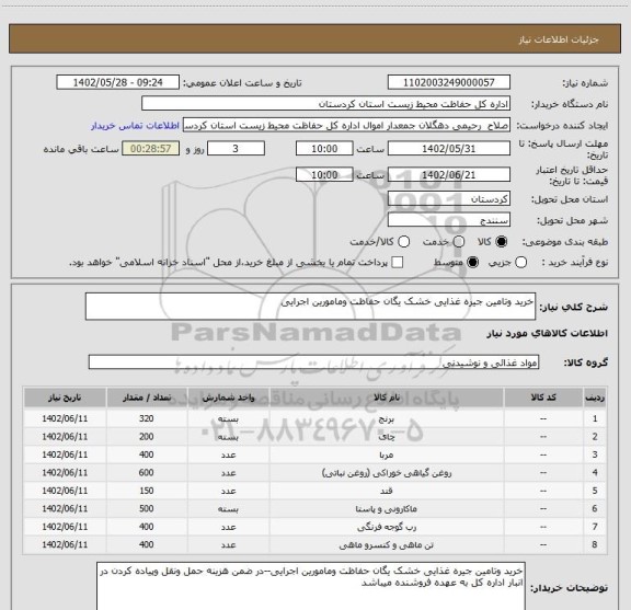 استعلام خرید وتامین جیره غذایی خشک یگان حفاظت ومامورین اجرایی