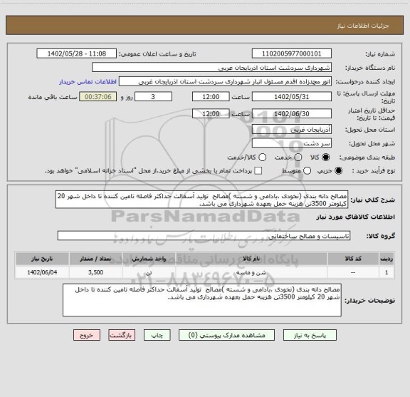 استعلام مصالح دانه بندی (نخودی ،بادامی و شسته )مصالح  تولید آسفالت حداکثر فاصله تامین کننده تا داخل شهر 20 کیلومتر 3500تن هزینه حمل بعهده شهرداری می باشد.