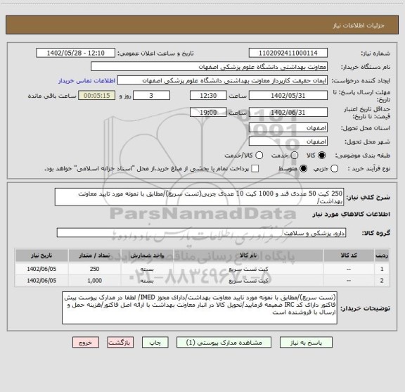 استعلام 250 کیت 50 عددی قند و 1000 کیت 10 عددی چربی(تست سریع)/مطابق با نمونه مورد تایید معاونت بهداشت/