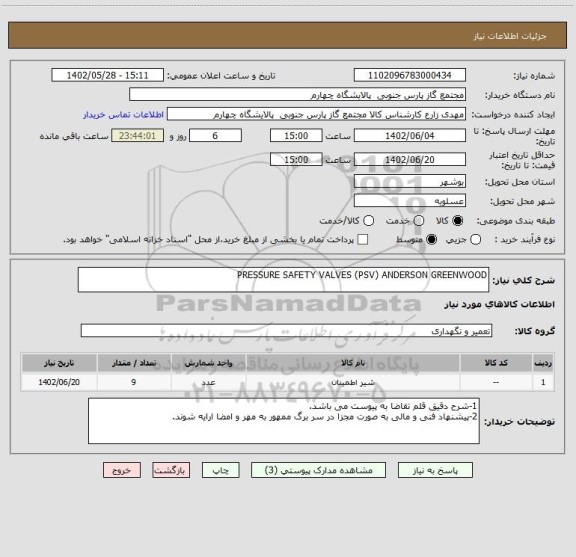 استعلام PRESSURE SAFETY VALVES (PSV) ANDERSON GREENWOOD