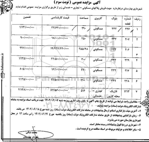 مزایده فروش پلاکهای مسکونی - تجاری - خدماتی -نوبت سوم