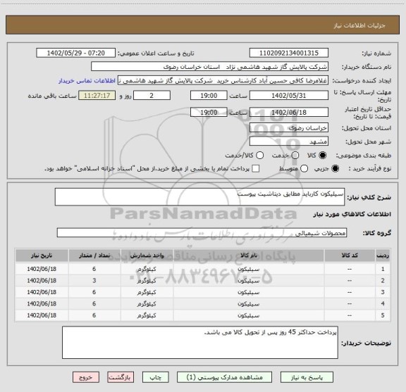 استعلام سیلیکون کارباید مطابق دیتاشیت پیوست