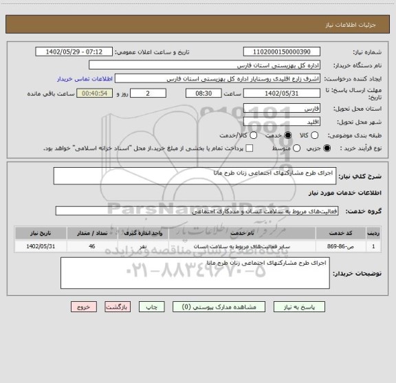 استعلام  اجرای طرح مشارکتهای اجتماعی زنان طرح مانا