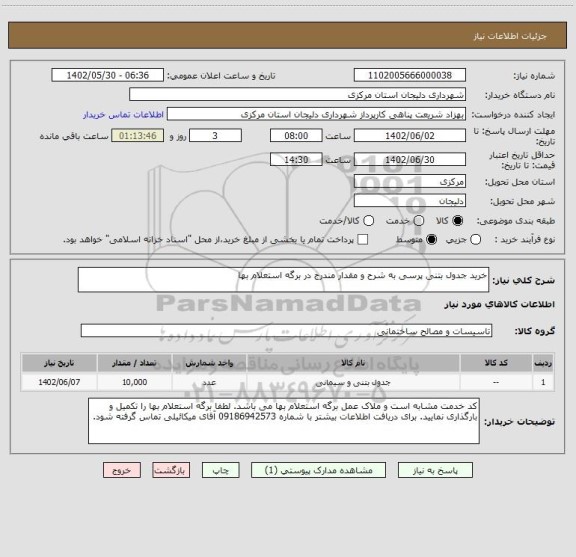 استعلام خرید جدول بتنی پرسی به شرح و مقدار مندرج در برگه استعلام بها