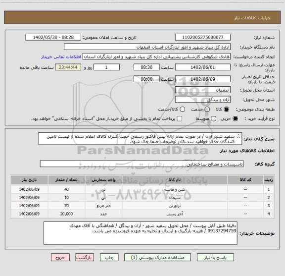 استعلام سفید شهر آران / در صورت عدم ارائه پیش فاکتور رسمی جهت کنترل کالای اعلام شده از لیست تامین کنندگان حذف خواهید شد.کادر توضیحات حتما چک شود.