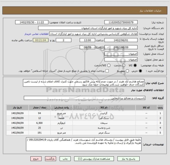 استعلام مصالح هاشم آباد هرند / در صورت عدم ارائه پیش فاکتور رسمی جهت کنترل کالای اعلام شده از لیست تامین کنندگان حذف خواهید شد.کادر توضیحات حتما چک شود