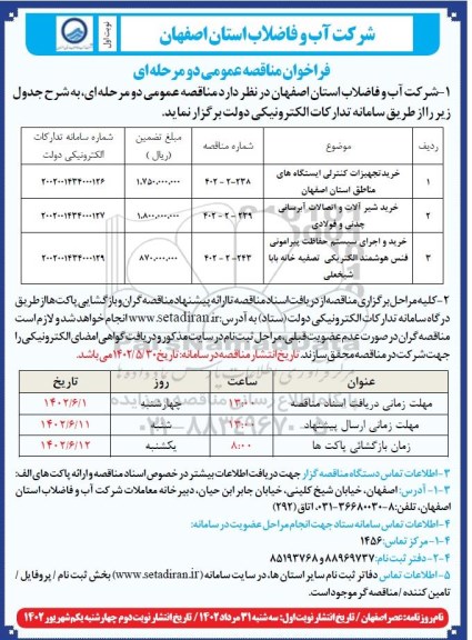 فراخوان مناقصه خرید تجهیزات کنترلی ایستگاههای مناطق استان ....