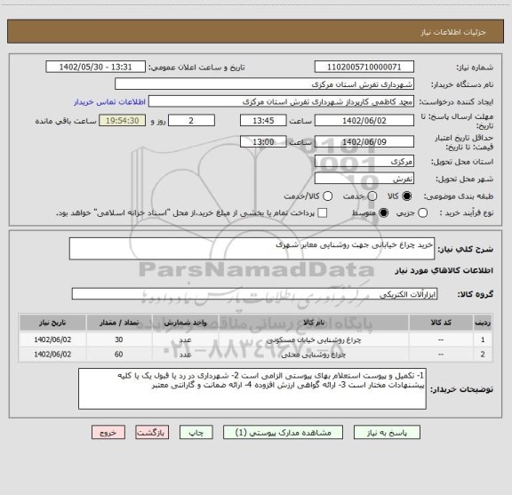 استعلام خرید چراغ خیابانی جهت روشنایی معابر شهری