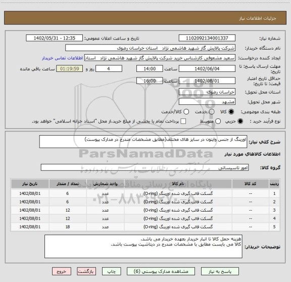 استعلام اورینگ از جنس وایتون در سایز های مختلف(مطابق مشخصات مندرج در مدارک پیوست)