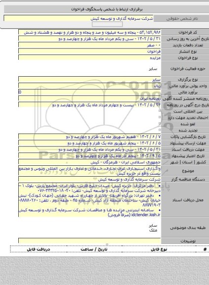 مزایده, واگذاری استیجاری غرف تجاری، خدماتی و اداری بازار بین المللی ونوس و مجتمع بیست واقع در جزیره کیش