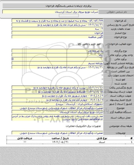 مناقصه, تعمیرات ونگهداری مراکز اتفاقات شهری وروستایی شهرستان سنندج جنوبی