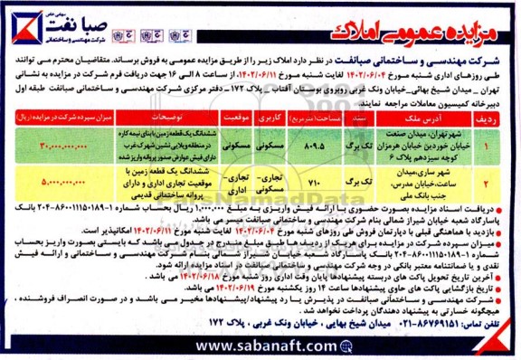  مزایده فروش ملک با کاربری مسکونی - تجاری و مسکونی 