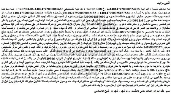 مزایده فروش یک دستگاه سواری پزو 206