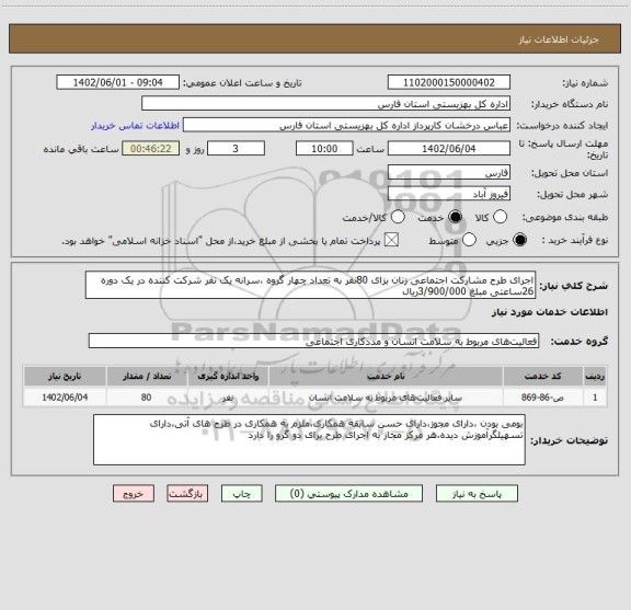 استعلام اجرای طرح مشارکت اجتماعی زنان بزای 80نفر به تعداد چهار گروه ،سرانه یک نفر شرکت کننده در یک دوره 26ساعتی مبلغ 3/900/000ریال