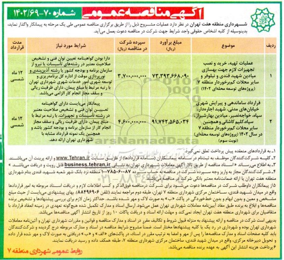 مناقصه عمومی عملیات تهیه، خرید و نصب تجهیزات لازم جهت بهسازی میادین و ...