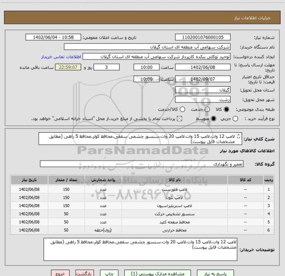 استعلام لامپ 12 وات،لامپ 15 وات،لامپ 20 وات،سنسور چشمی سقفی،محافظ کولر،محافظ 5 راهی (مطابق مشخصات فایل پیوست)