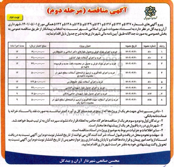 مرحله دوم مناقصه خرید و اجرای بلوک فرش و جدول بلوارهای ... 