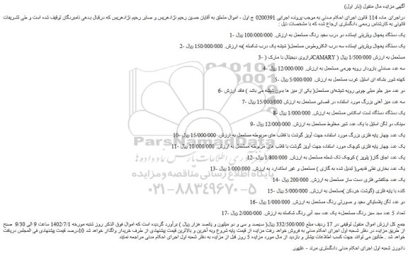 مزایده فروش یک دستگاه یخچال ویترینی ایستاده دو درب سفید رنگ مستعمل و...