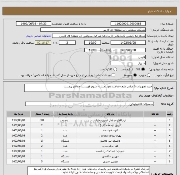 استعلام خرید تجهیزات تکمیلی طرح حفاظت هوشمند به شرح فهرست مقادیر پیوست