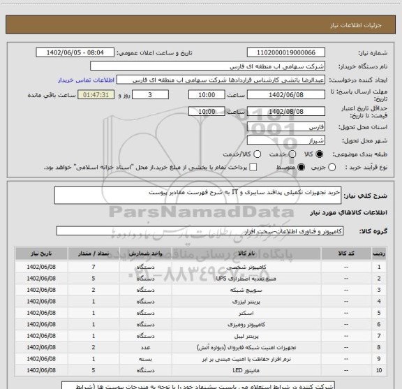 استعلام خرید تجهیزات تکمیلی پدافند سایبری و IT به شرح فهرست مقادیر پیوست